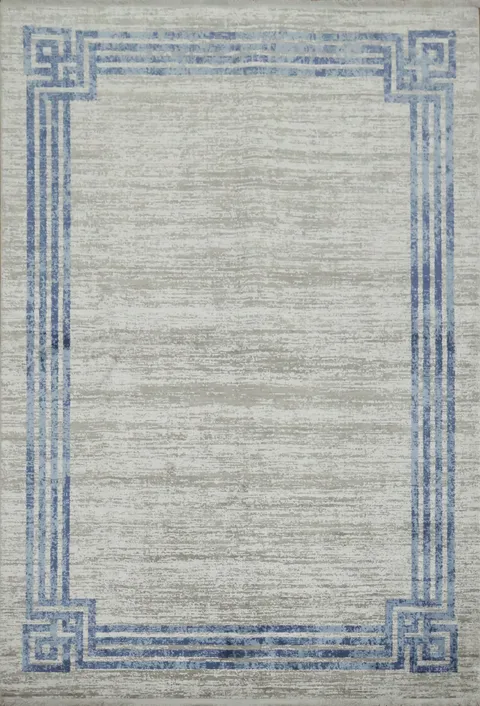 Modern Gray Area Rug with Geometric Blue Accents 5x8