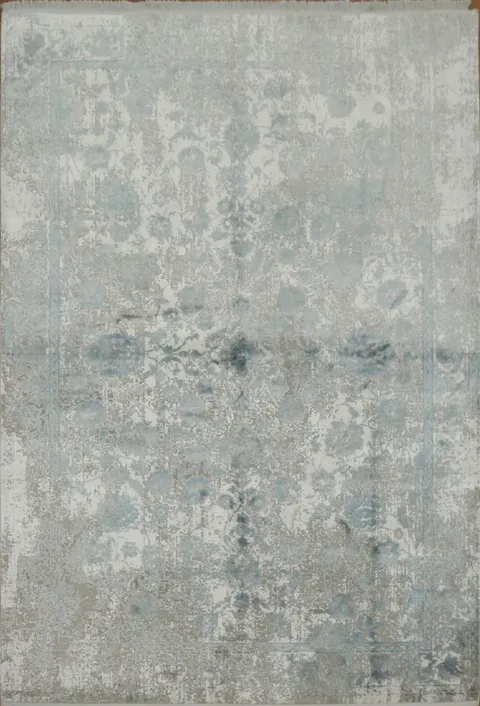 Classic Light Blue and Grey Distressed Rug with Subtle Ornate Design 5x8