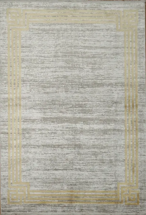 Chic Gray Rug Featuring Stylish Gold Geometric Border 5x8