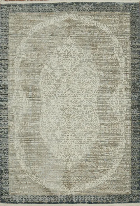 Vintage Inspired Distressed Traditional Grey Rug with Blue Border 5x8