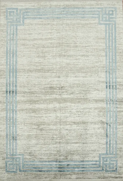 Minimalist Designer Rug Featuring Blue Geometric Accent Border 5x8
