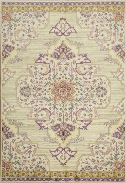 Stunning Beige Rug with Ornate Purple Floral Motifs 6x9