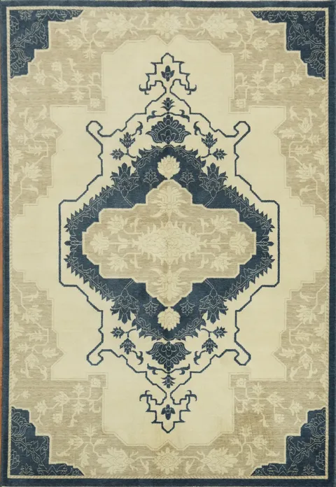 Elegant Beige and Navy Medallion Rug for Stylish Dining 6x9