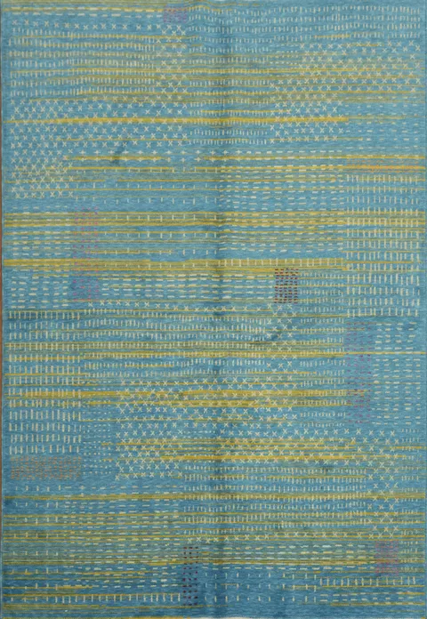 Sophisticated Nordic Design Blue Rug with Yellow Accents 6x9