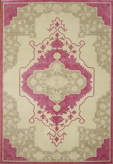 Fuchsia Pink and Beige Medallion Rug for Elegant Living Rooms 6x9
