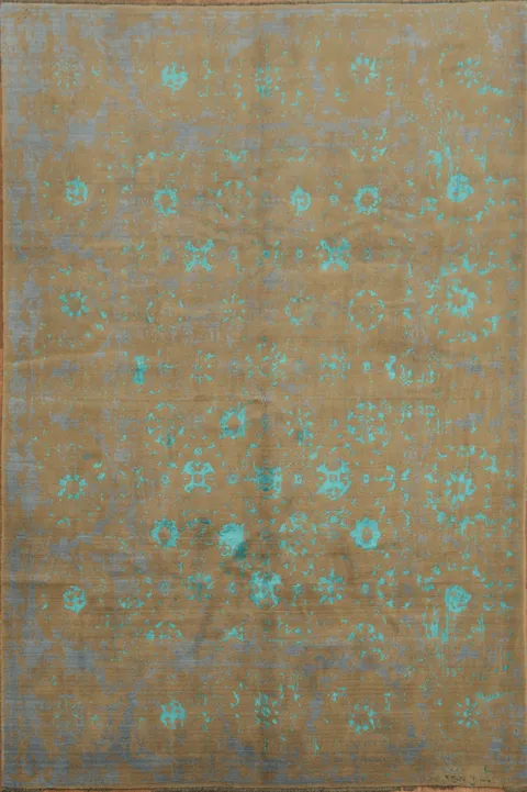 Distressed Brown and Teal Rug for Modern Home Decor 6x10