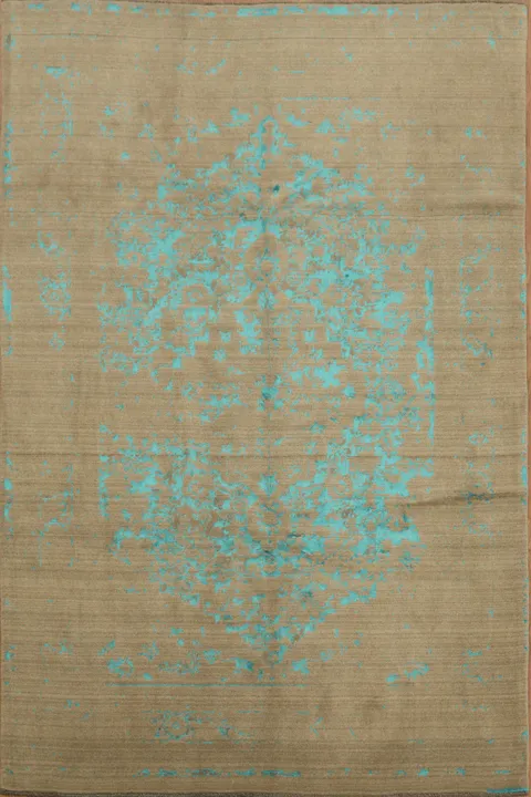 Vintage Charm: Rustic Brown Rug with Distressed Blue Motif 6x9