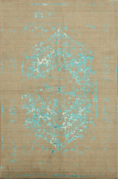 Abstract Light Brown Rug with Distressed Turquoise Blue Design 7x10