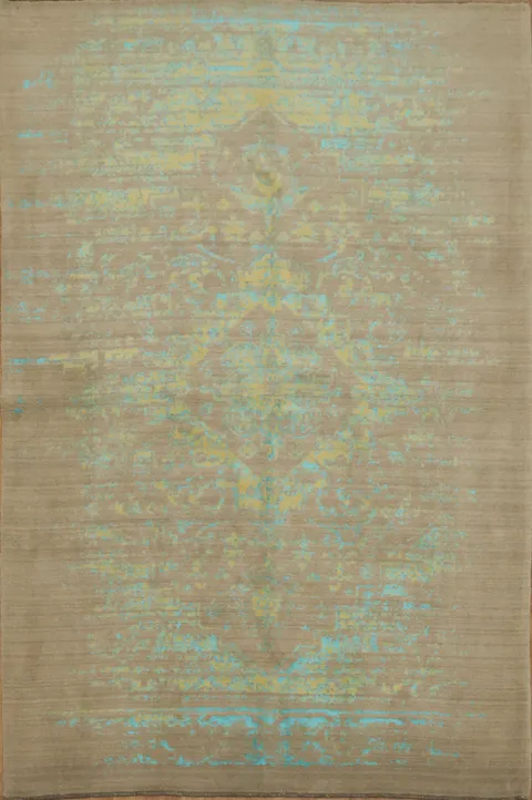 Vintage-Inspired Teal Rug with Intricate Patterns on Beige Background 6x10