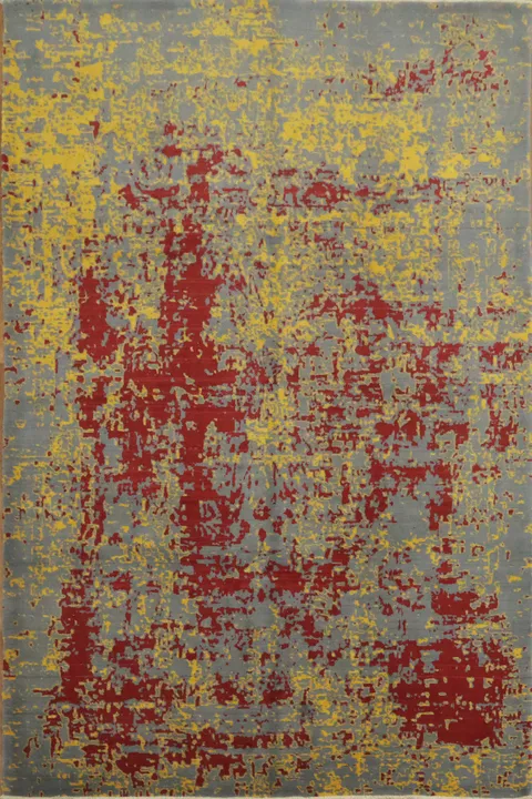 Unique Textured Grey Rug with Vivid Red and Yellow Accent Design 7x10