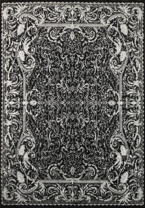 Luxurious Baroque Inspired Black Rug with Intricate White Detailing 7x10