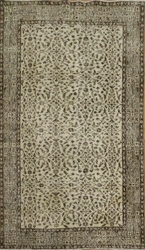 Vintage Distressed Wool Floral Turkish Area Rug 4x7