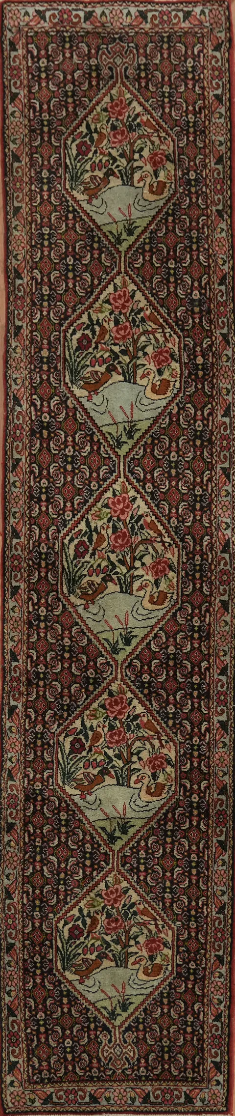 Bird Design Geometric Wool Bidjar Persian Runner Rug 2x8