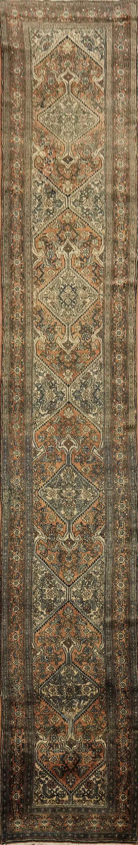 Collectible 60 Years Old Geometric Wool Bibikabad Persian Runner Rug 3x16