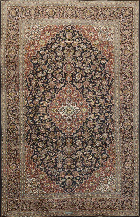 Signed Floral Wool Kashan Persian Area Rug 9x13
