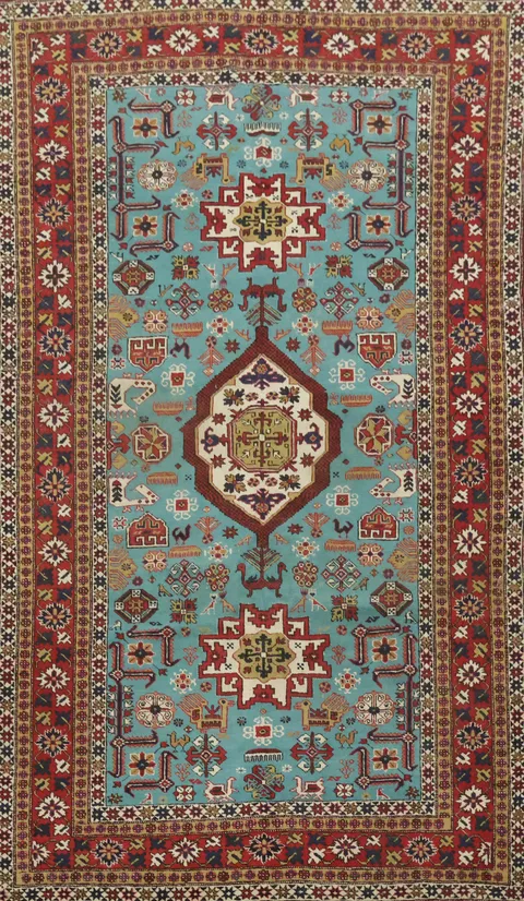 Blue Geometric Wool Antique Kazak Oriental Rug 5x8