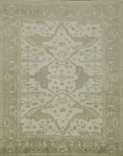 Traditional 8x10 Ivory and Light Green Oushak Hand-Knotted Area Rug