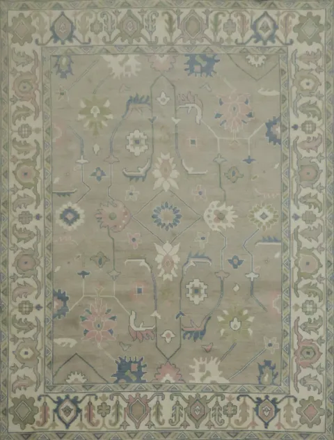 9x12 Oushak Wool Rug | Muted Green & Ivory Traditional Area Rug
