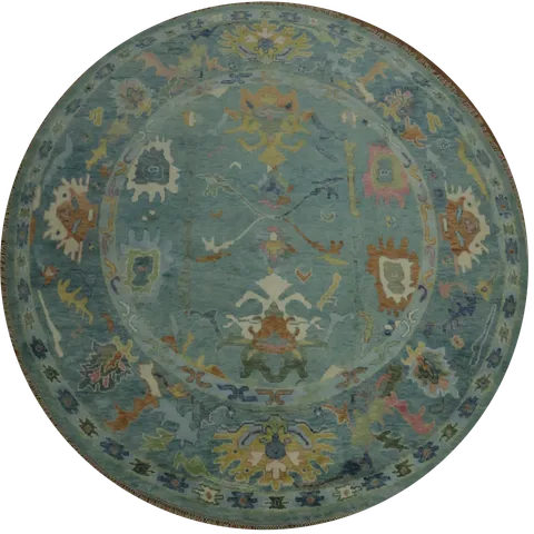 Traditional Blue & Earth Tone Oushak Rug | 10x10 Round Hand-Knotted Wool