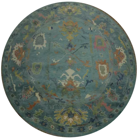 Hand-Knotted 10' Blue Round Oushak Wool Rug 10x10 ft