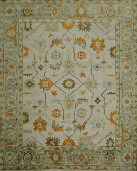 Traditional Oushak Hand Made Ivory and Orange Wool Rug 9x12 ft