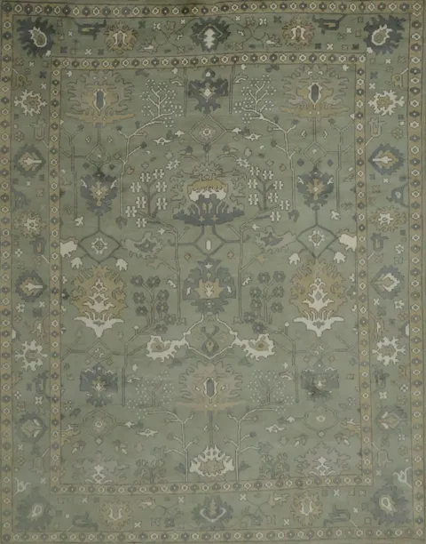 All-Over Floral Green Oushak Hand-Knotted Wool Area Rug 9x12