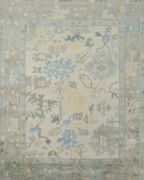 Hand-Knotted 8x10 Ivory Oushak Wool Rug for Living Room