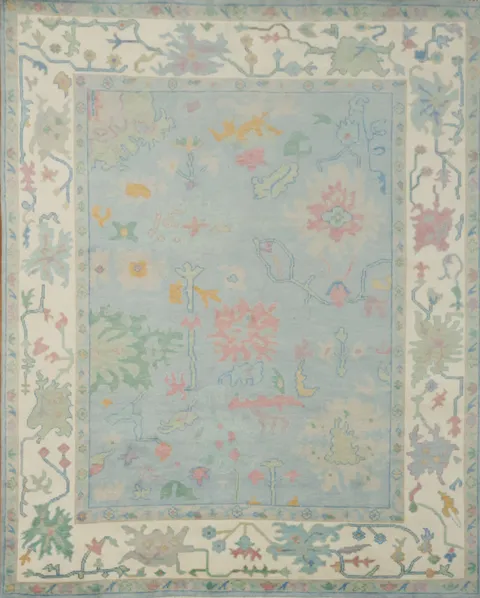 Luxury Blue Hand-Knotted Wool Area Rug with Intricate Floral Designs 8x10 ft