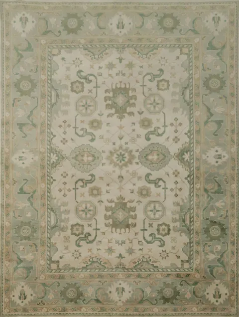 Traditional Beige and Green Rug with Artistic Patterns 9' x 12'