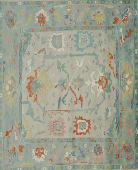 Grey and Blue 8x10 Oushak Traditional Rug, Hand-Knotted Wool Pile