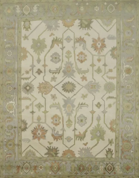 Vintage Inspired Cream Ivory Oushak Area Rug with Soft Green Floral Accents 8' x 10'