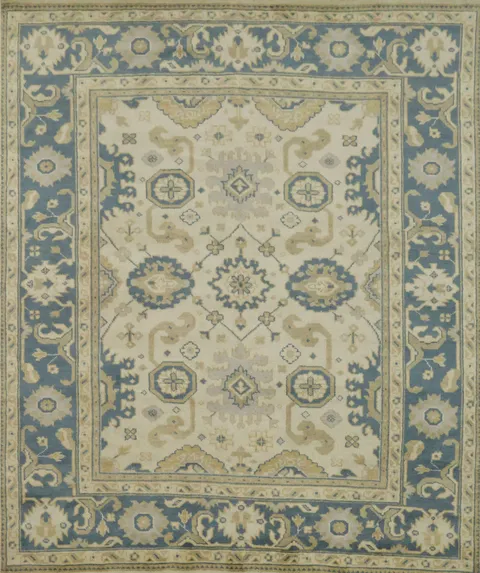 Traditional Blue and Beige Oushak Floral Wool Rug 8' x 10'