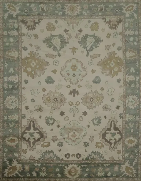 Traditional Ivory and Teal Area Rug with Vintage Charm 9' x 12'