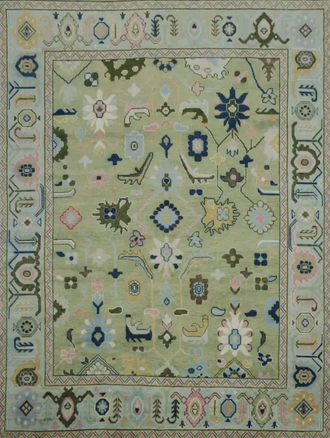 Vibrant Pistachio Green and Blue Oushak Hand-made Wool Rug 9' x 12'