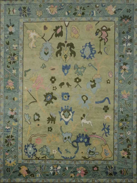 Sophisticated Green Oushak Indian Rug with Playful Abstract Floral Design 9'x 12'