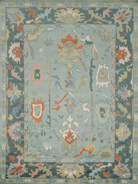 Traditional Teal Blue Oushak Hand Made Wool Area Rug 9x12