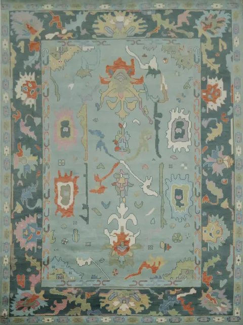 Elegant Blue Oushak Living Room Rug with Abstract Patterns 9' x 12'