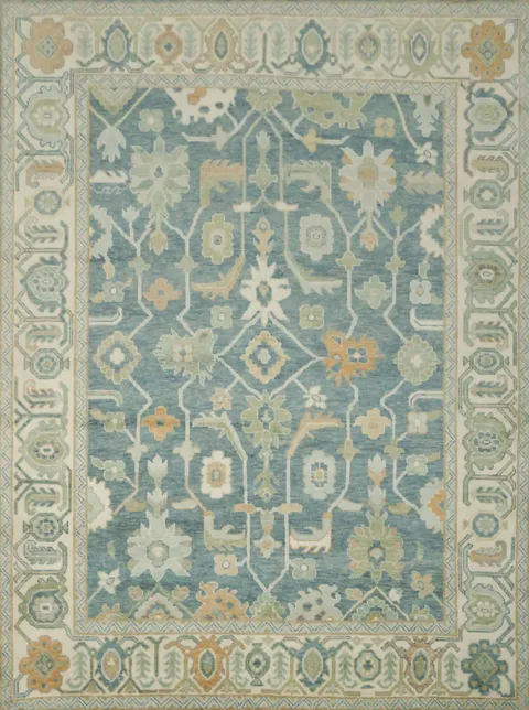 Large 9x12 Traditional Oushak Area Rug, Hand-Knotted Wool, Green/Blue/Ivory