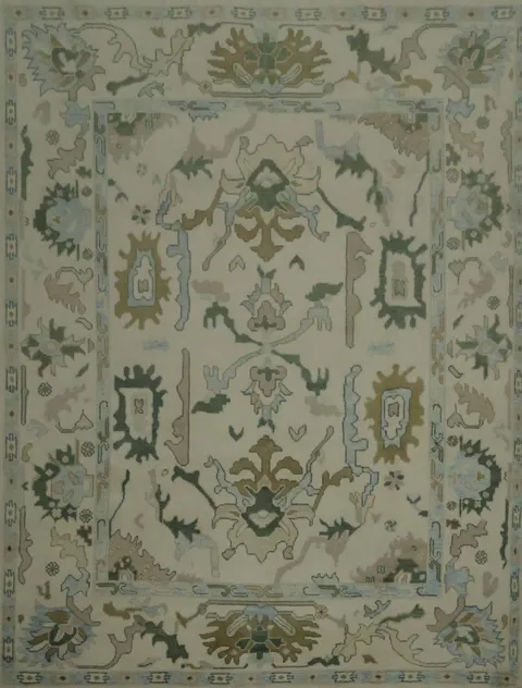 9x12 Traditional Oushak Hand-Knotted Wool Area Rug - Ivory & Light Blue