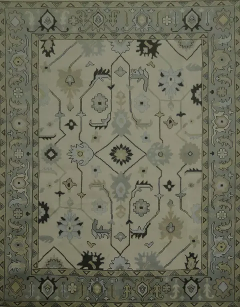 All-Over 9x12 Oushak Hand-Knotted Wool Rug in Ivory & Blue