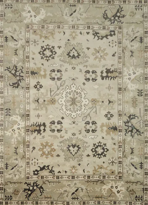 Earth-tone Beige and Black Oushak Indian Large Rug 10x14 ft