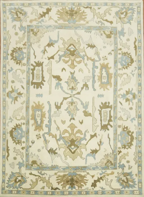 Intricate Beige and Blue Rug with Exquisite Floral Motifs 9x12 ft