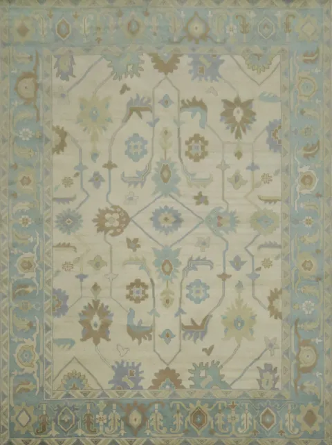 Beige with Blue Border Oushak Hand-Knotted Wool Rug 9' x 12'