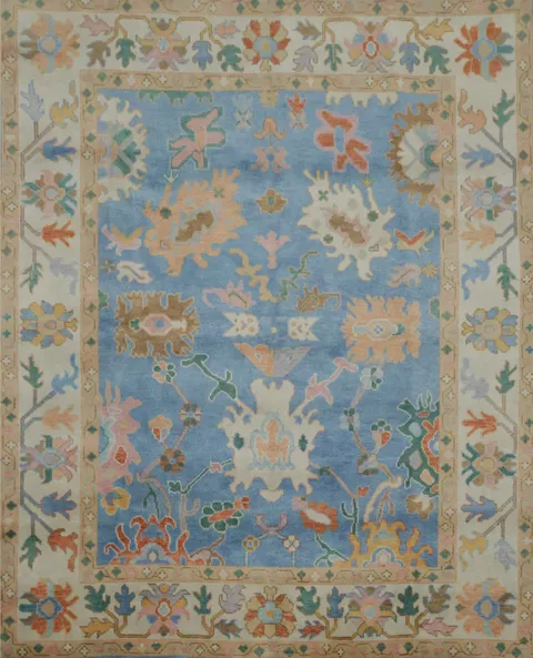 Traditional 8x10 Oushak Hand-Knotted Wool Area Rug - Blue/Ivory