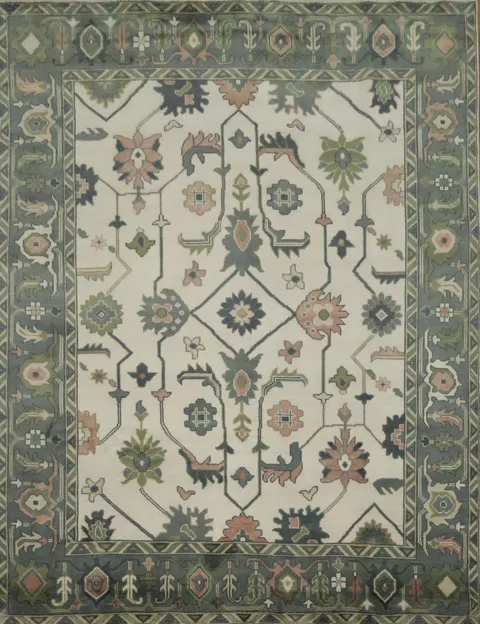 Traditional 9x12 Oushak Hand-Knotted Wool Area Rug - Ivory/Green