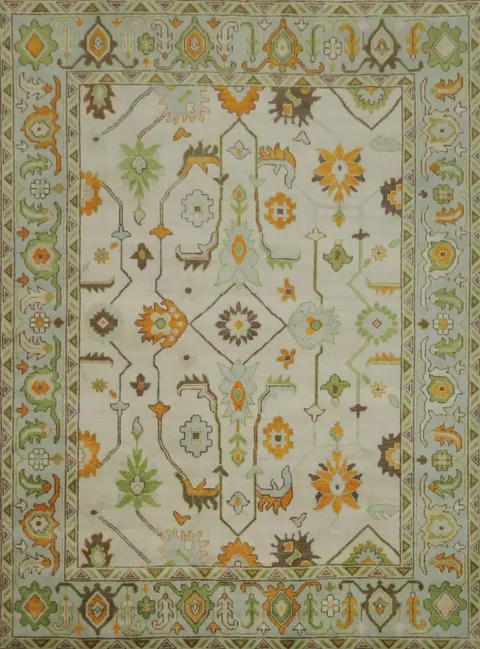 9' x 12' Traditional Oushak Rug - Hand-Knotted Wool - Sage Green & Earthy Tones