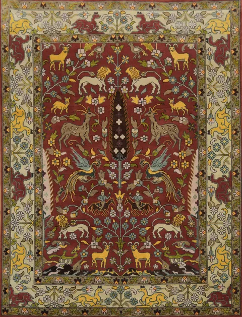 9x12 Traditional Animal Pictorial Oriental Rug - Crimson Red Wool