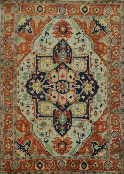 Light Blue and Rust Heriz Serapi Persian Style Large Rug 10'x14'