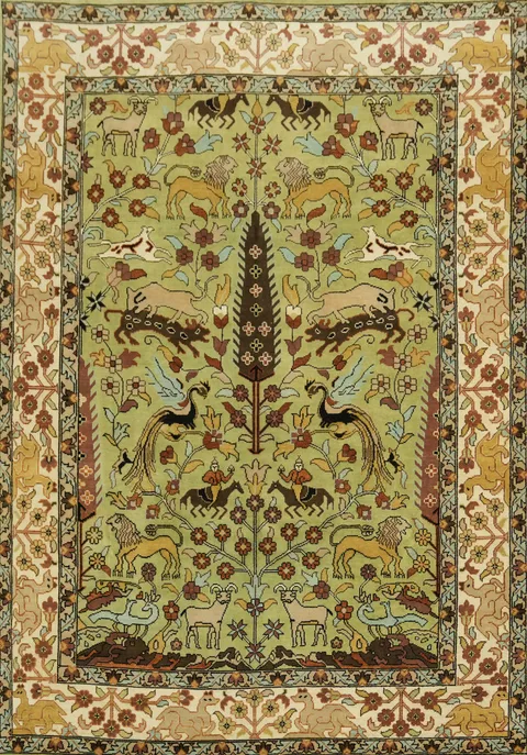Animal Hunting Design Ziegler Hand-Knotted Large Rug 10x14 Green
