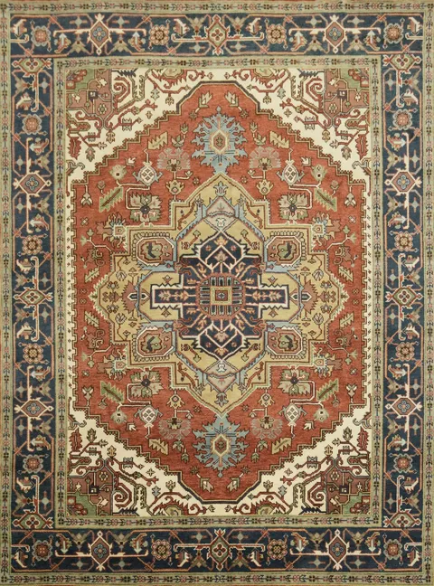 Heriz Serapi Rust and Navy Blue Area Rug 9x12
